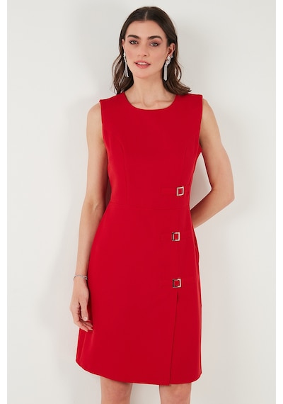 Lela Standart Fit Kemerli Bisiklet Yaka Mini Bayan Elbise 611El1964 Kırmızı