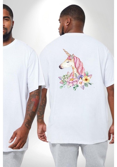 Angemiel Unicorn Çiçek Büyük Beden Beyaz Tişört Kadın Erkek Ünisex Sırt Baskılı Beyaz