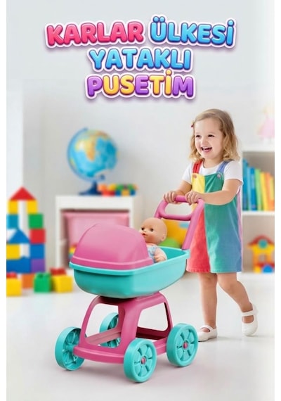 Buzlar Ülkesi Seri: Yataklı Ve Şık Oyuncak Puset Eğitici Eğlenceli Oyuncak42 Cm