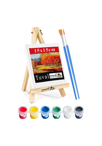 Mini Şövale 15x15 Cm Tuval 3 Ml Akrilik Boya 6 Renk Ve Fırça 1 Paket 15x15 Mini Tuval Masaüstü Küçük Şövale Boyama Seti