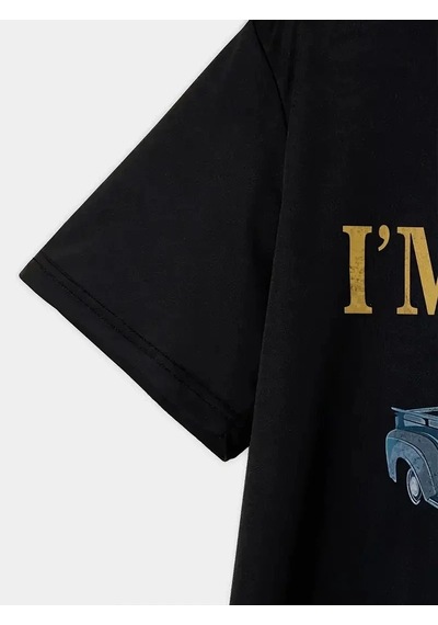 Erkek Tişört Araba Baskılı Kısa Kol T-shirt - Siyah