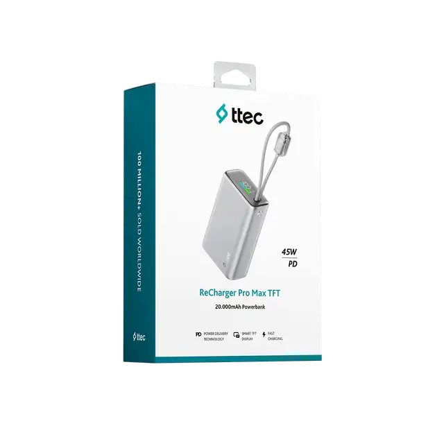 2bb281g Ttec Recharger Pro Max Tft 20.000mah Pd 45w Usb-c Ve Lightning Dahili Kablolu Taşınabilir Hızlı Şarj Aleti / Powerbank 2bb281 Gümüş