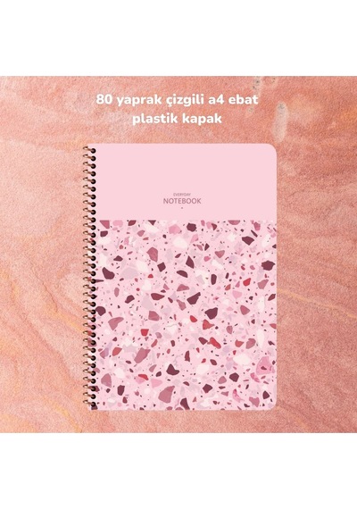 Çizgili A4 80 Yaprak Plastik Kapak Telli Defter Terazzo Keskin Color Pembe