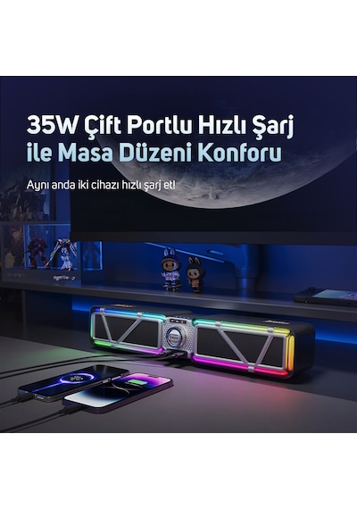 Divoom D-base 30w Masaüstü Bluetooth Gaming Hoparlör, Rgb Işıklı, Çift Portlu 35w Hızlı Şarj, Usb/au