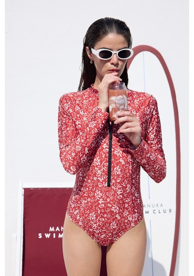 Manuka Desenli Fermuarlı Surf Mayo Red Shell Kırmızı