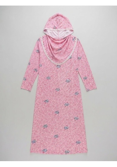 Pembe Dantel Detaylı Kapüşonlu Ve Eşarplı Namaz Elbisesi L