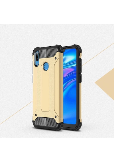 Ekılıf - Huawei Y7 Prime 2019 Uyumlu Kılıf Çift Katman Zırh Tank Crash Military Kapak - Gold