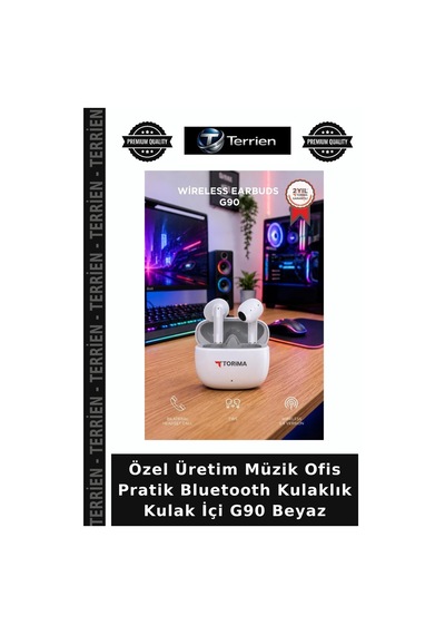 Özel Üretim Müzik Ofis Pratik Bluetooth Kulaklık Kulak İçi G90 Beyaz