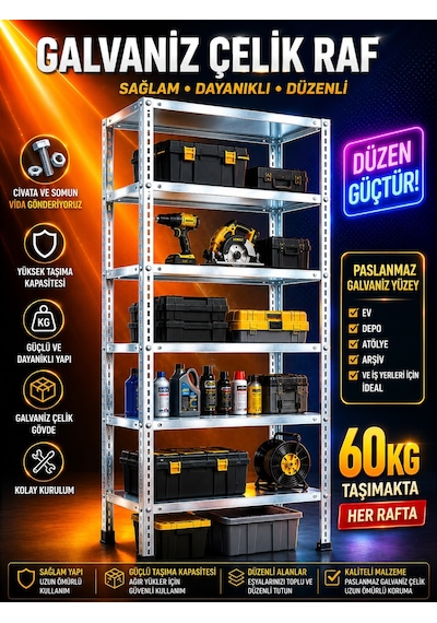 Çelik Raf 6 Katlı 31x75x200 Raf Sistemleri, Depo Rafı, Arşiv Rafı, Kiler Rafı, Çok Amaçlı Raf Galvaniz