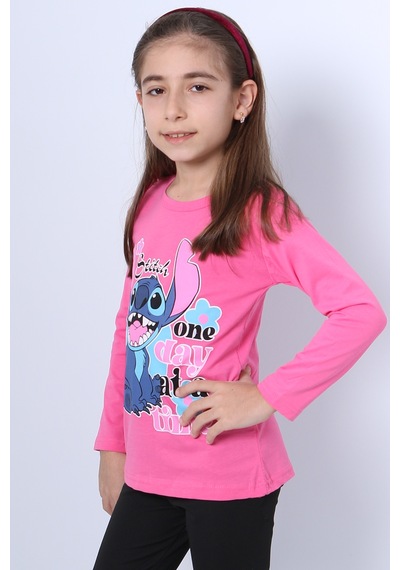 Hçm Kız Çocuk Uzun Kollu Tshirt 4 Mevsim Bisiklet Yaka Karakter Baskılı C34 Pembe