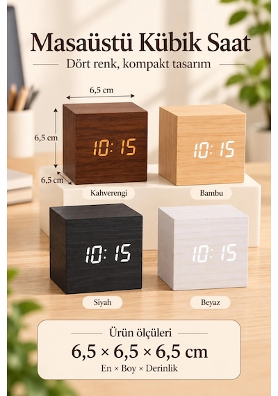 Ahşap Dijital Kübik Masa Saati Termometre Ve Alarm Çok Renkli