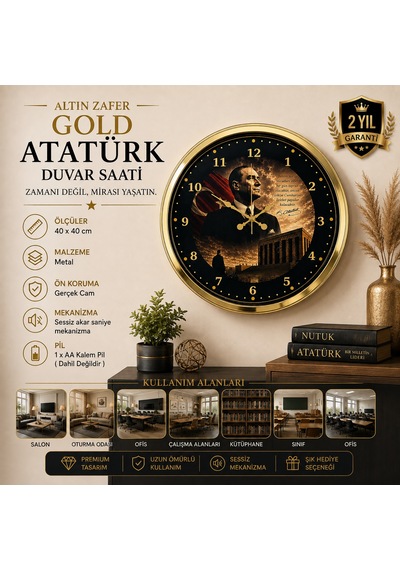 Altın Zafer Gold 40 X 40 Cm Metal Atatürk Duvar Saati