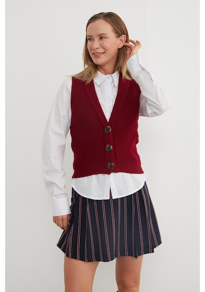 Fullamoda Düğmeli Triko Yelek Bordo