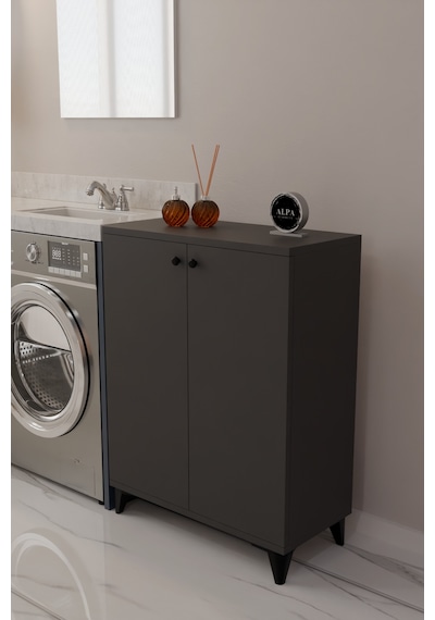 Çok Amaçlı Banyo & Çamaşır Odası Dolabı, Ayarlanabilir Raflı, Kapaklı Modern Banyo Dolabı Antrasit