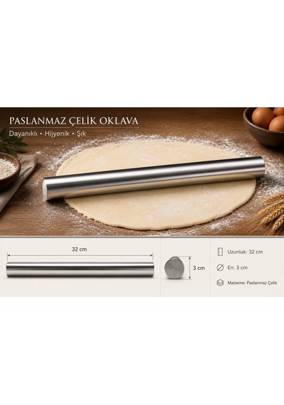 Morponi Paslanmaz Çelik 32 Cm Kalın Hamur Açma Oklava Masterchef