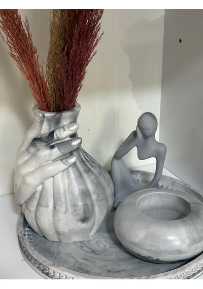 Dekoratif Sunum Tabağında 3 Lü Set Büyük Boy Vazo ,mumluk Ve İnsan Figürü Gri