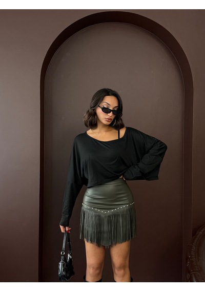 Verymoda Western Tarz Püsküllü Mini Deri Etek F2041 Haki