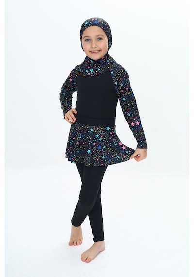 My Kids Wear Üç Parça Kız Çocuk Haşema, Tesettür, Etekli, Kapalı Mayo Mavi - Sarı