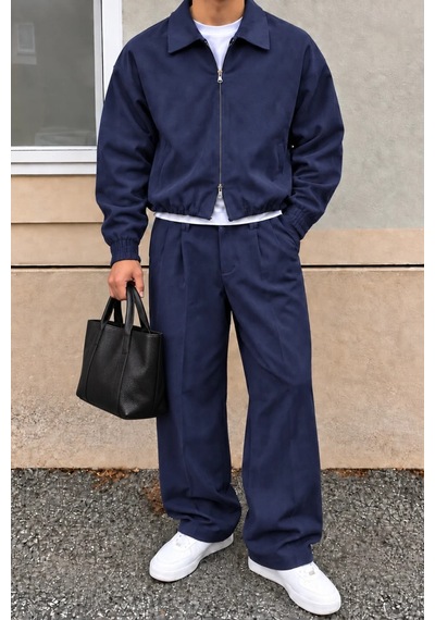 Erkek Oversize Çift Fermuarlı Ceket Ve Baggy Pantolon Alt Üst Takım Lacivert Lacivert