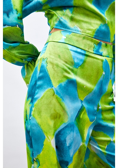 Sateen Yüksek Bel Desenli Pantolon - Mavi