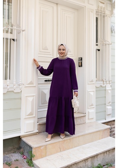 Hb Harma Time Butik Kadın Kat Kat Ribanalı Bordo Tesettür Elbise