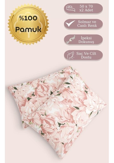 Yastık Kılıfı 2 Li Mariel Percale Baskılı %100 Pamuk 50x70 Cm Somon