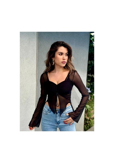 Moda Banuş Fantazi Tüllü Dar Kalıp Büzgülü Bluz Siyah