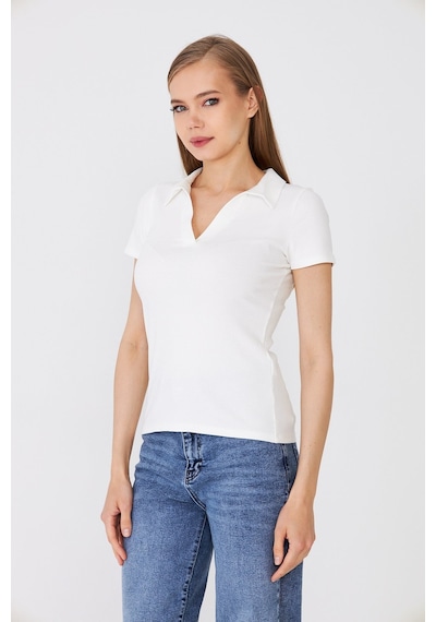 Hdm Kadın Ekru Polo Yaka Fitilli Günlük Bluz - H6038