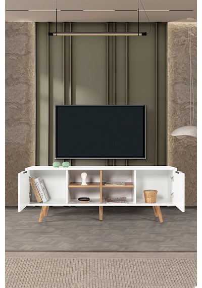 3618 Sina 160 Cm Ahşap Ayaklı , Metal Kulplu Tv Ünitesi , Beyaz - Söğüt Diğer