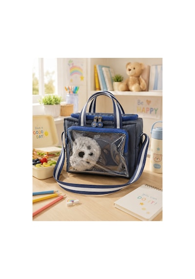 Çocuk Termal Okul Beslenme Çantası Şeffaf Cepli Peluş Aksesuarlı Omuz Askılı Lunch Bag İndigo