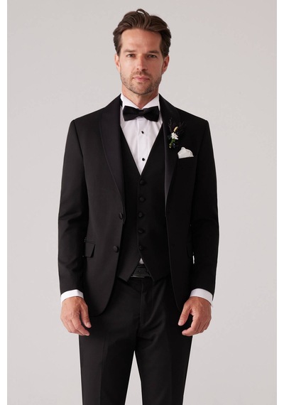 Ysf Erkek Siyah Mono Yaka Slim Fit Yelekli Damatlık