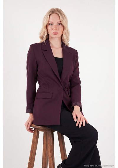 Lela Puantiye Astarlı Belden Bağlamalı Blazer Ceket Kadın Ceket 6524049 Mürdüm