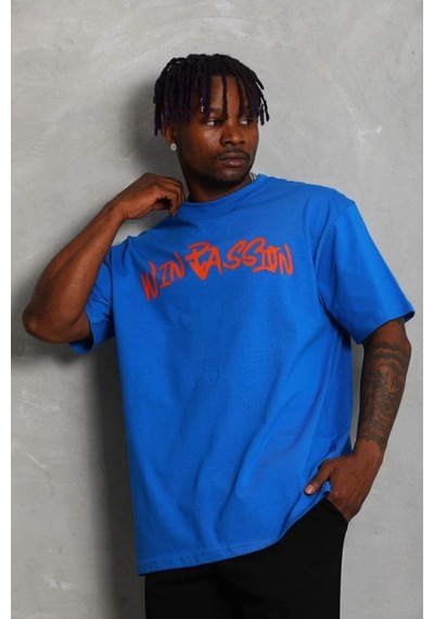 Erkek Baskılı Tişört Kısa Kol Bisiklet Yaka Oversize T-shirt - Mavi
