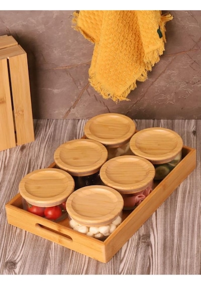 Duo 300 Ml Silikonlu Bambu Kapaklı Cam Kahvaltılık Lüx Kahvaltılık Sunum Seti Kahverengi