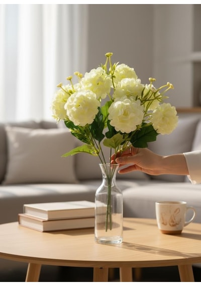 Yapay Çiçek Kartopu Krizantem Beyaz 5dallı 10toplu Demet 30cm Beyaz