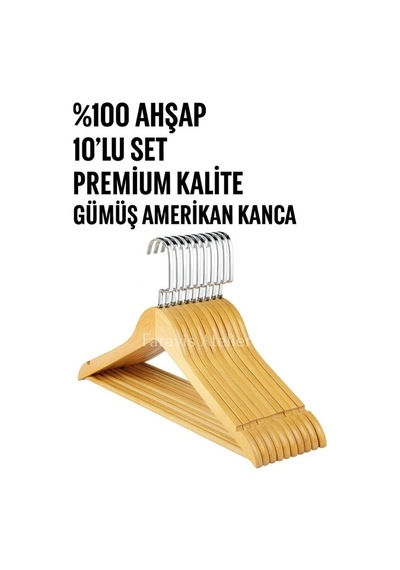 Faravis Atelier 10 Adet Ahşap Vernikli Askılık Elbise Gömlek Kıyafet Askısı Cilalı Gümüş Amerikan Kanca Premium Kalite