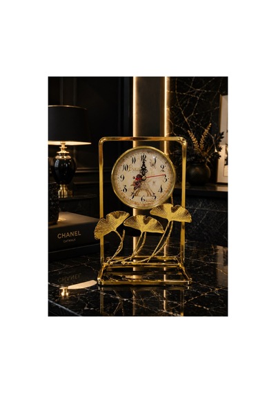 Gold Metal Çerçeveli Paris Manzaralı Ginkgo Yapraklı Dekoratif Masa Üstü Saat Ve Biblo 24x16 Cm Saat Seçeneği-Saatli