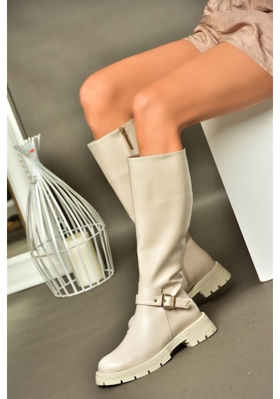 Fox Shoes R518096809 Bej Fermuarlı Alçak Topuklu Kadın Çizme Bej