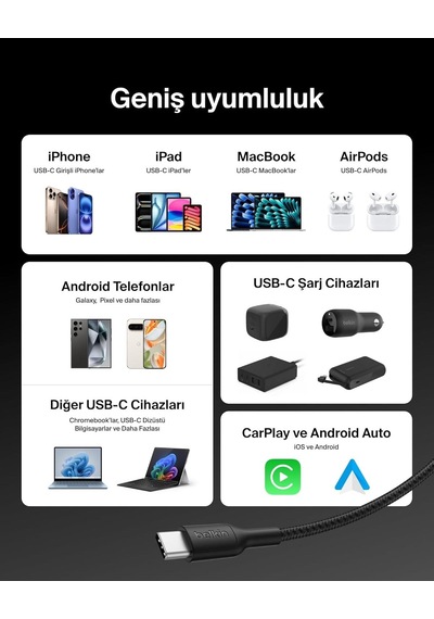 Belkin Cab025hq2mbk Boostcharge Pro 240w Usb-c To Usb-c Örgülü 2m Hızlı Şarj Kablosu- Siyah
