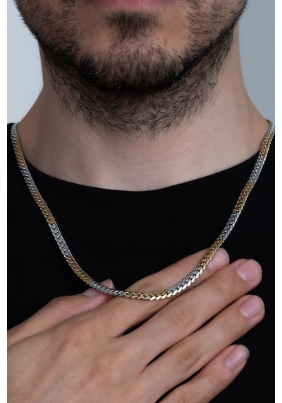 Sarı Beyaz Ezme Yassı Yılan Model Çelik Unisex Kolye eck41 Altın