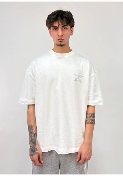 Zaee Star Taşlı Oversize Premium Tişört Beyaz