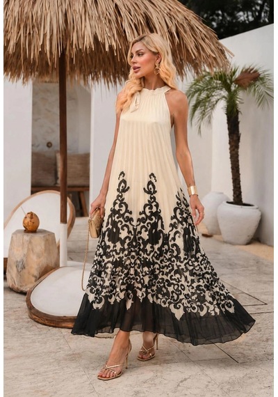 Asprinfashion Halter Yaka Pliseli Baskılı Şifon Elbise Beyaz