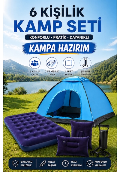 6 Kişilik Kamp Çadırı Çift Kişilik Yatak Ve Yastık Kamp Seti Mavi