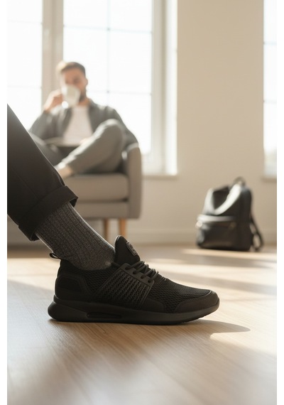 Enoch Erkek Tam Siyah Spor Ayakkabı Kafesli Yan Destekli Sneaker Günlük Rahat Yürüyüş Modeli Siyah