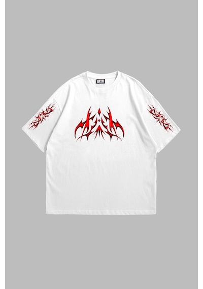 Tarzsokak Holographic Red Baskılı Oversize Unisex Beyaz Beyaz