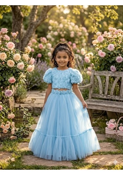 Star Kids Fashion Kız Çoçuk Mavi Gül Detaylı Crop Elbise,kız Çoçuk Abiye, Parti Elbisesi Açık Mavi
