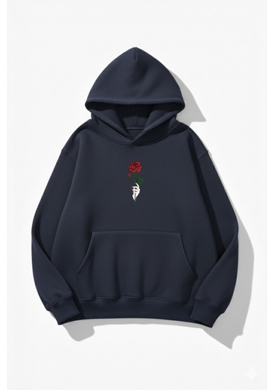 Uyguntarz Unisex Yumuşak Dokulu Gülü Seven Baskılı Tasarım Oversize 3 İplik Hoodie Sweatshirt Indigo