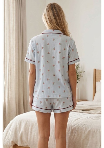 Siyah İnci Fırfırlı Bürümcük-krınkıl Kısa Kollu Düğmeli Şortlu Pijama Takım 8008 Mavi Lale