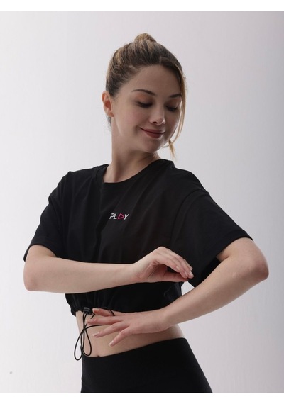 Crop Siyah Kısa Belden Lastikli Tişört SIYAH