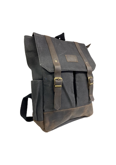 Old Cotton Cargo Kanvas Deri Su Geçirmez Unisex Laptop Bölmeli Gezi Okul Seyahat Kamp Sırt Çantası Siyah